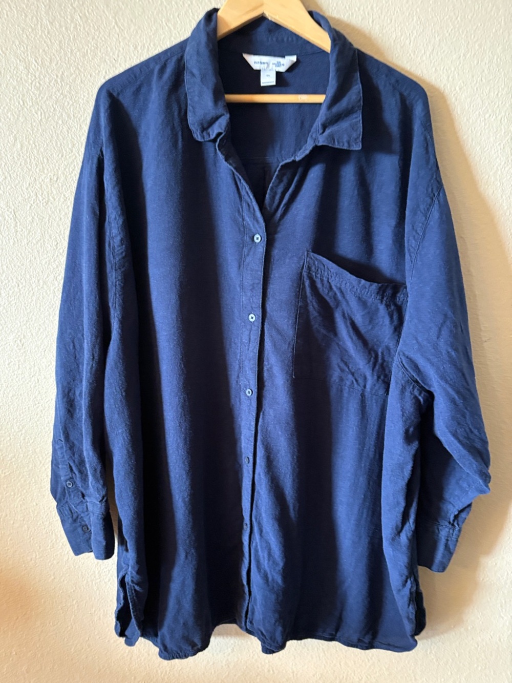 Old Navy Linen Blend Boyfriend Shirt 4X Navy Blue Button Up Coastal Beach